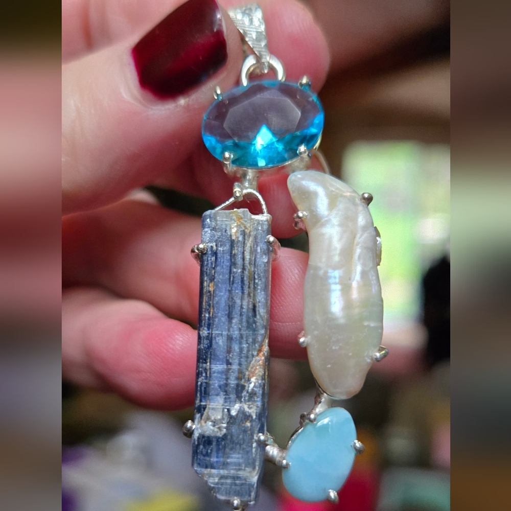 Topaz kyanite pearl & larimar sterling silver pendant - Picture 4 of 8